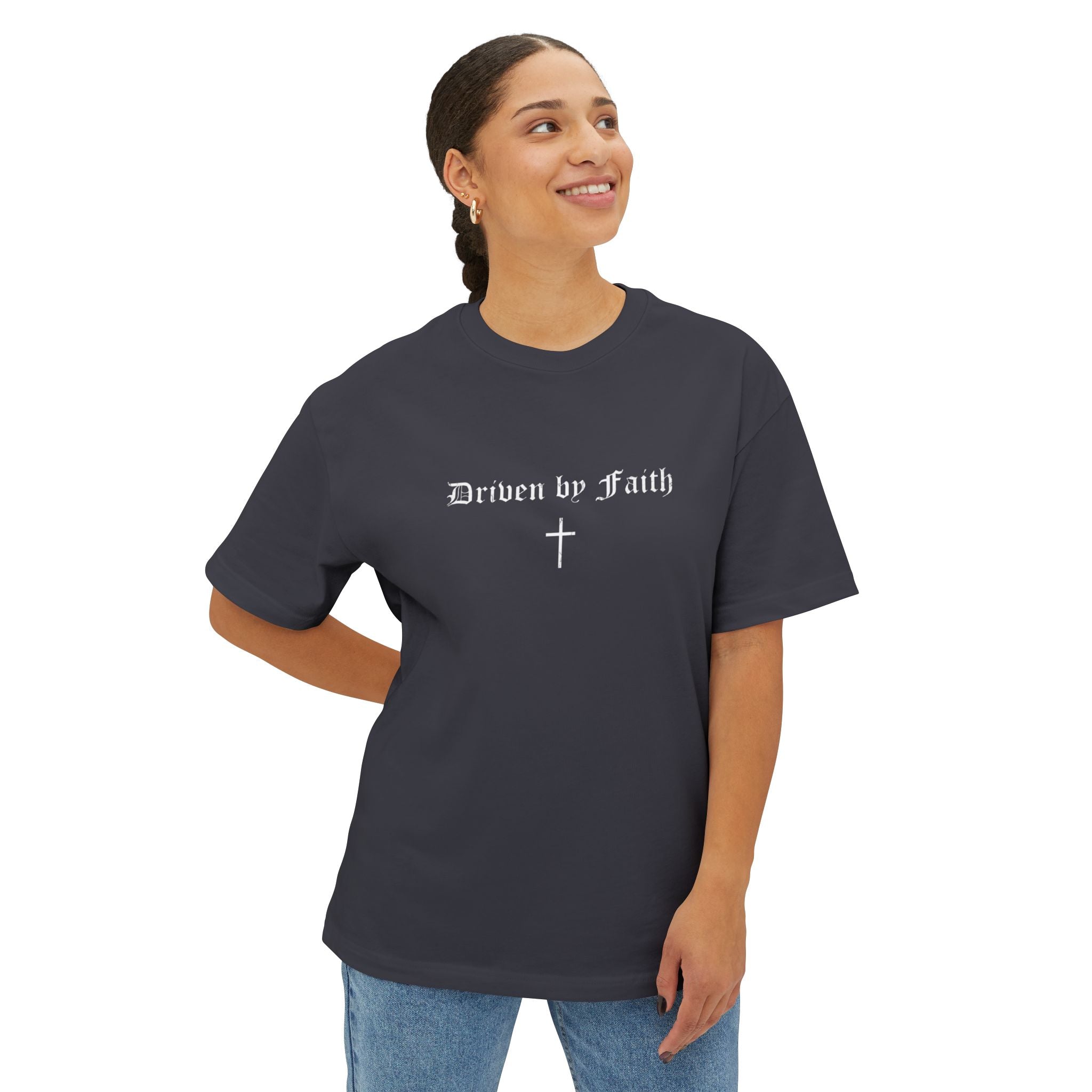 Driven By Faith Oversized T-Shirt/Pump Cover — Minimal Cross Christian Tee