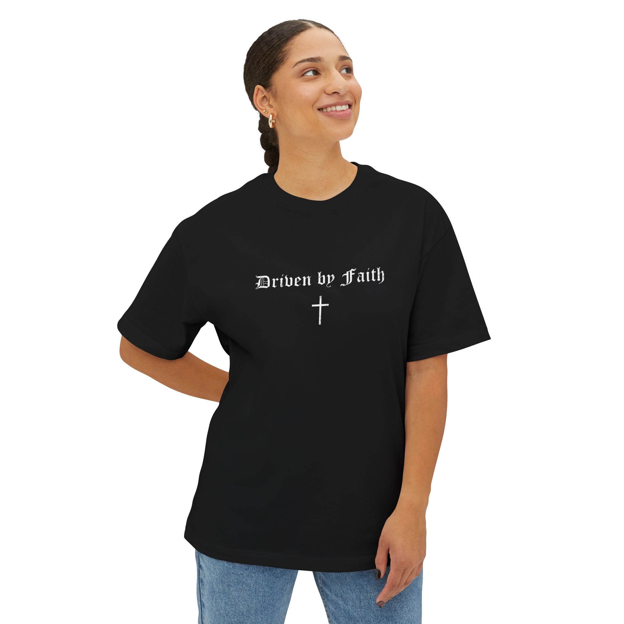 Driven By Faith Oversized T-Shirt/Pump Cover — Minimal Cross Christian Tee